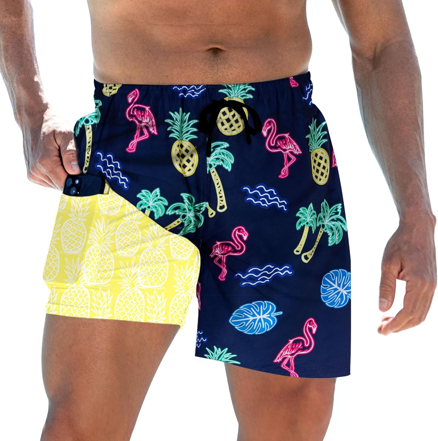 Mens Swim Trunks with Compression Liner 5.5" Inseam Quick Dry Swimsuit Shorts S-XXL Flamingo 02 XX-Large