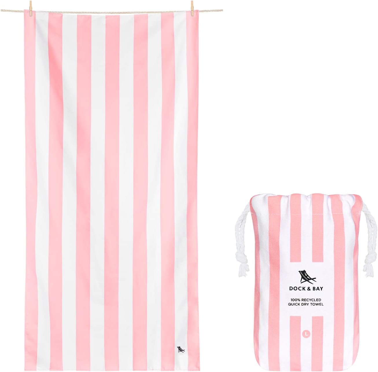 Dock & Bay Beach Towel - Quick Dry, Sand Free - Compact, Lightweight - 100% Recycled - Includes Bag - Cabana Light - Malibu Pink - Large (160x90cm, 63x35) Cabana Light - Malibu Pink Large (160x90cm, 63x35")