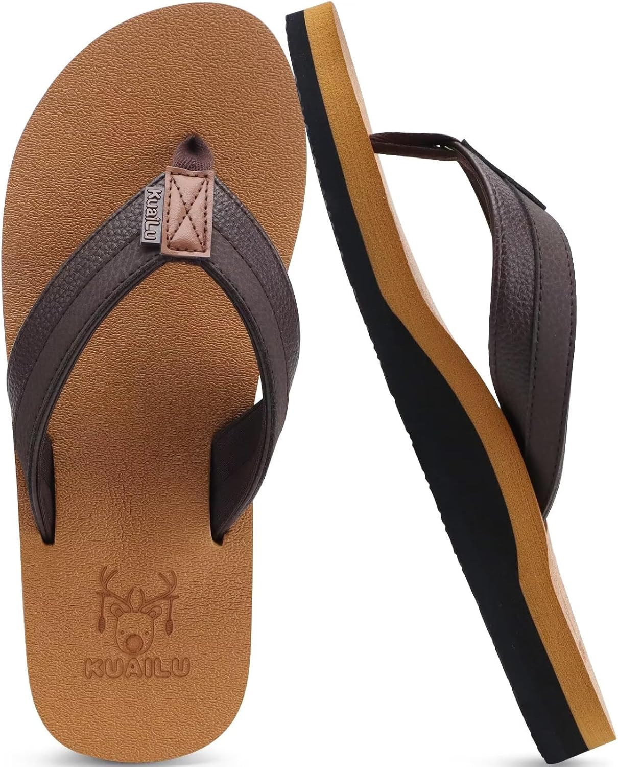 Men's Yoga Mat Leather Flip Flops with Arch Support Comfortable Cushion Walking Thong Sandals Slip On Indoor Outdoor 11 Khaki