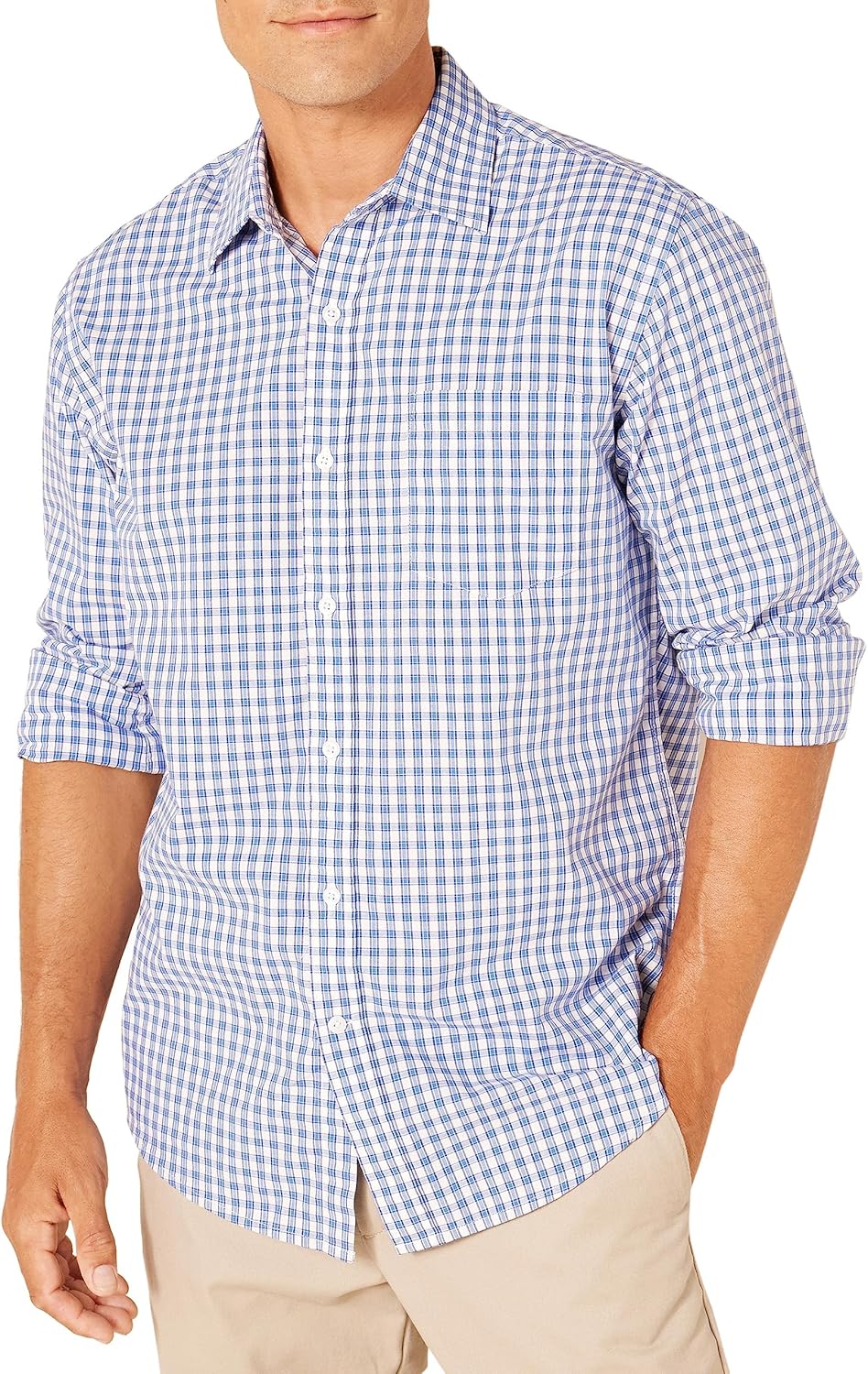 Men's Regular-Fit Long-Sleeve Casual Poplin Shirt X-Large Blue Checks