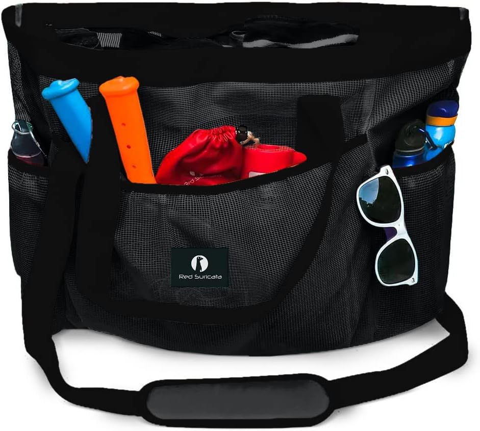 Mesh Beach Bag with Zipper - Extra Large Beach Tote Bag – Pool Bag Black / Black
