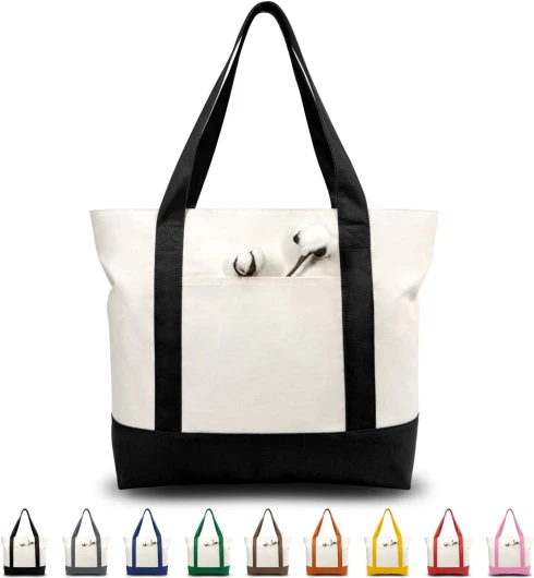 1 - 3 - 6 - 30 Pack Canvas Tote Bag with an External Pocket, Reusable Grocery Shopping Bag, Top Zipper Closure, Daily Essentials (Black/Natural Pack of 1) Black/Natural 1