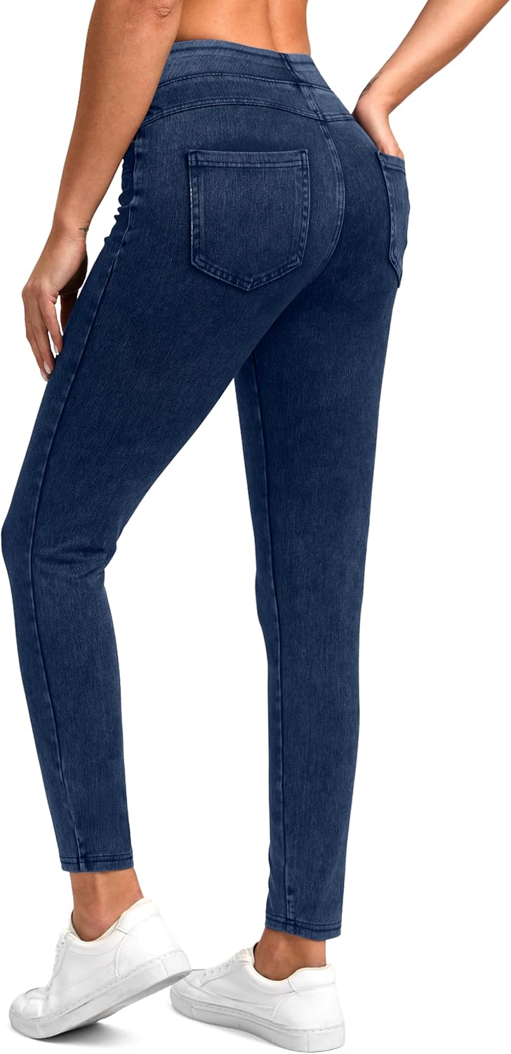 Jeggings Pull on Stretchy Jeans for Women High Waisted Skinny Jean Leggings Tummy Control Denim Pants with Pockets 29"Inseam Large Medium Denim