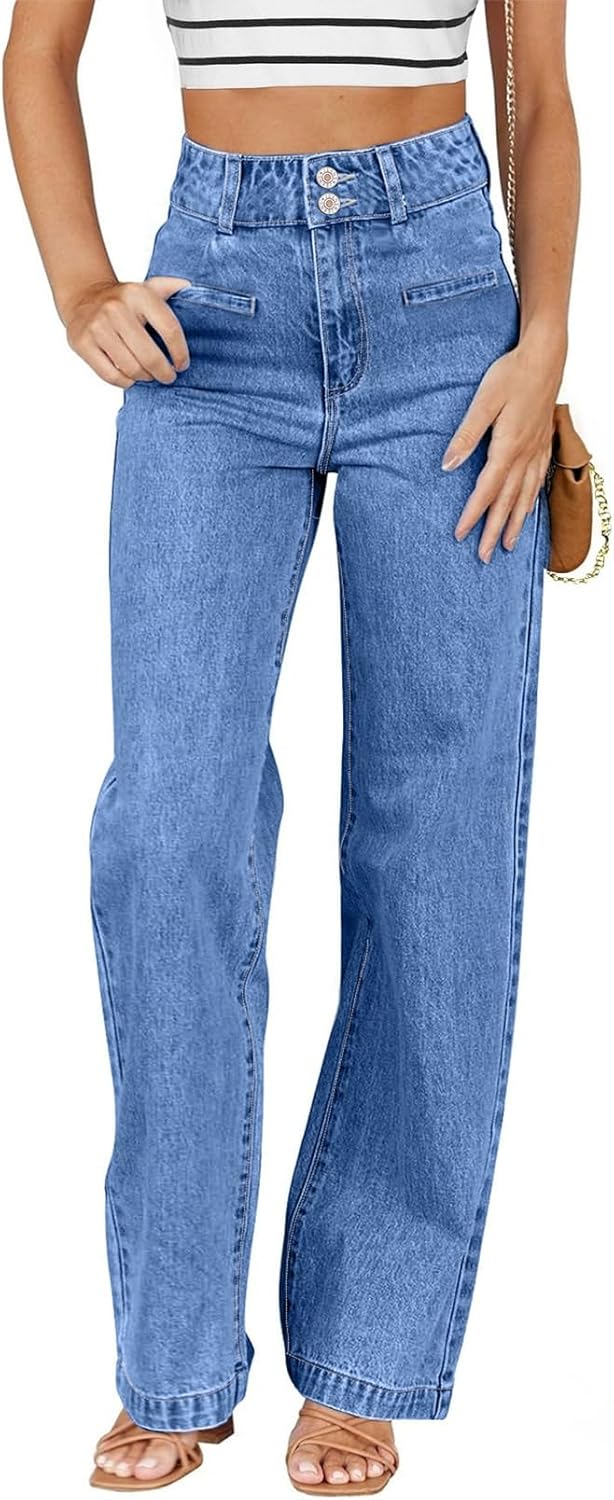 Women's Jeans High Waisted Straight Leg Stretchy Jeans Trendy Welt Pockets Loose Wide Leg Zimbaplatinum Denim Pants 6 Sky Blue