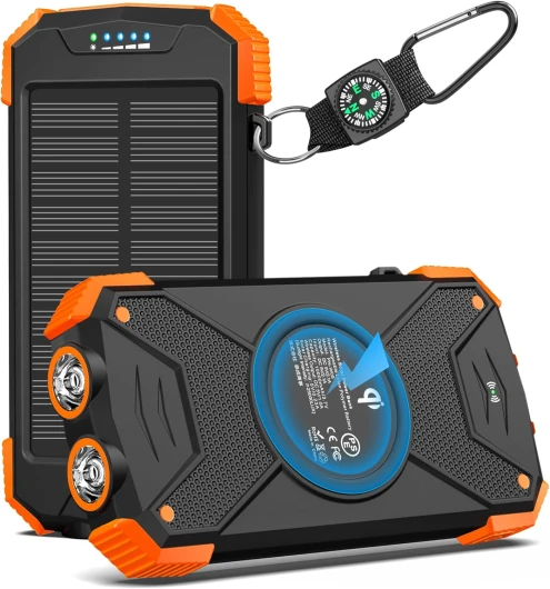 Solar Charger Power Bank 10,000mAh, Portable Wireless Charger, 20W Fast Charging External Battery Pack with USB C for Cell Phones, Solar Panel Charger with Dual Flashlight for Camping Orange