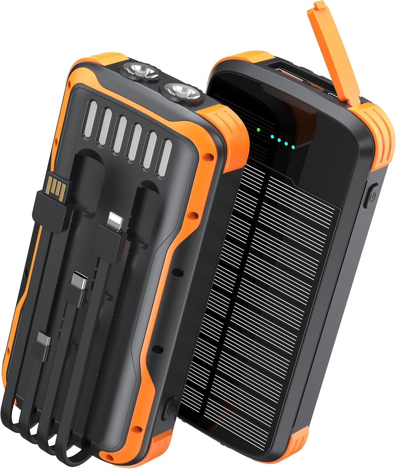 Solar Charger Power Bank, PD 20W Fast Charging External Batter, 40000mAh Portable Phone Charger Built in 4 Cables with Dual Bright Flashlights for Camping, Hiking, and Outdoor Use Black-orange