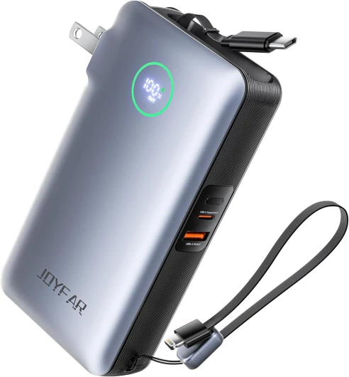 Portable Charger Power Bank - Travel Essentials Battery Pack 35W AC Plug GaN 10000mAh Built in Cable USB C Phone Fast Charging Powerbank Compatible with iPhone 16 15 14 13 iPad MacBook Samsung 10000mAh A-Grey