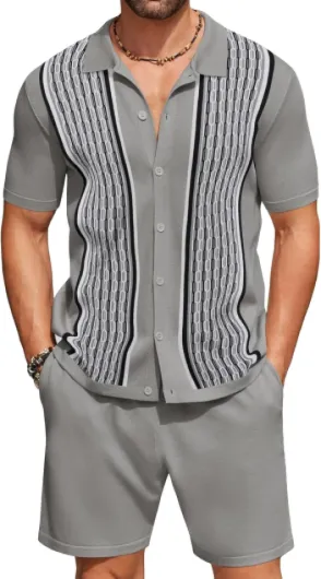Men's 2 Piece Outfit Exquisite Jacquard Short Sleeved Polo Shirt Casual Beach Shorts Set Summer Summer Men Retro Set Grey Medium