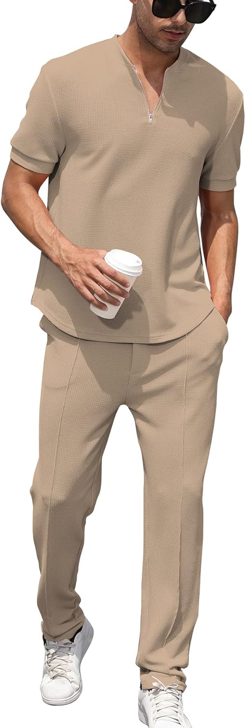 Fashion Men's Tracksuits 2 Piece Casual Athletic Jogging Outfits Short/Long Sleeve Track Suits for Men Set Large A-khaki Brown