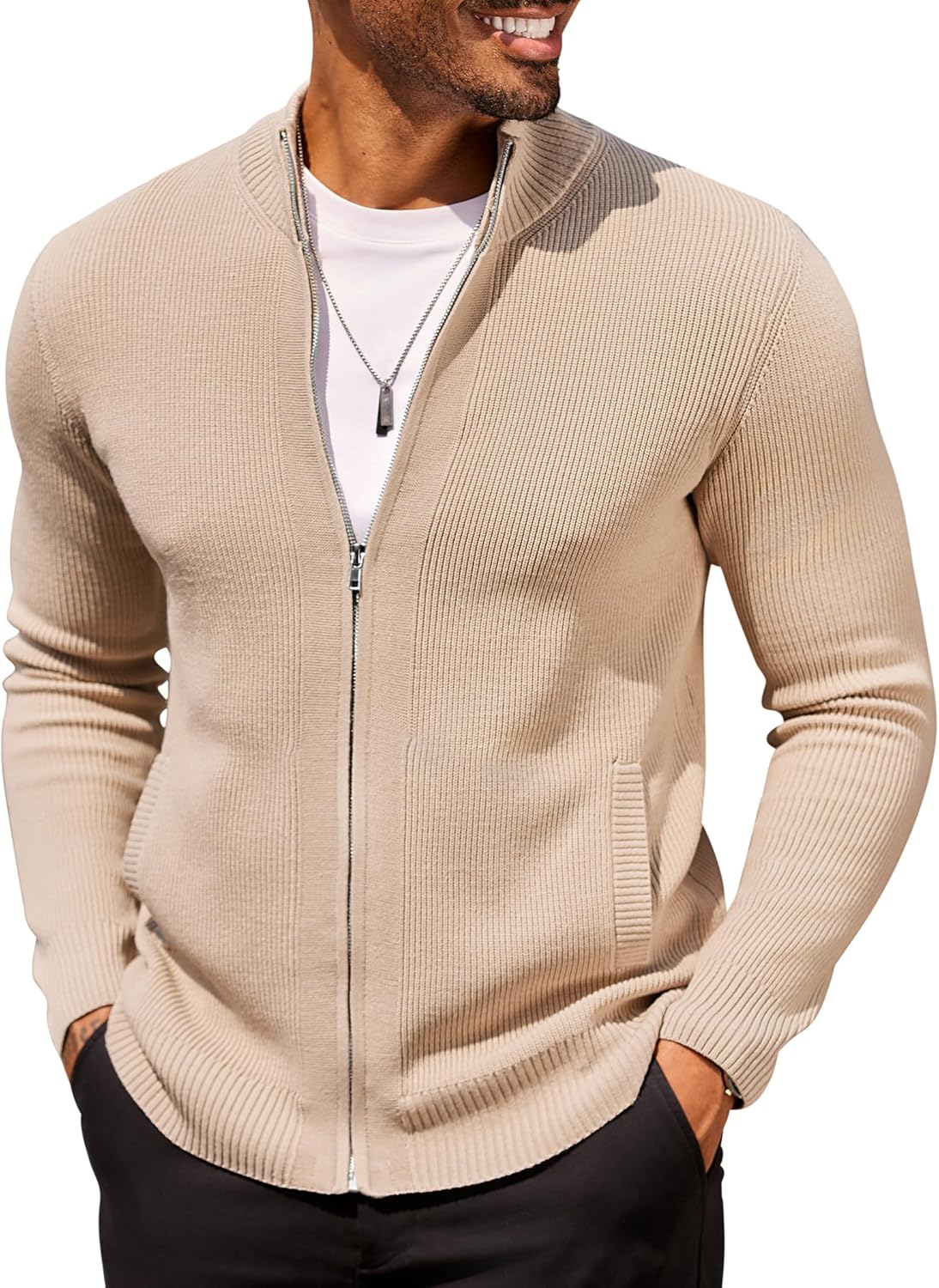 Mens Zip Up Cardigan Sweater Slim Fit Casual Full Zip Sweaters Knit Stand Collar Cardigans with 2 Front Pockets Khaki Medium