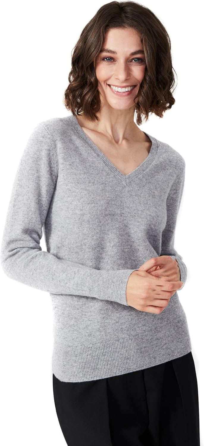 Women's 100% Cashmere V-Neck Sweater, Regular Fit, Premium Knit Jumper for Autumn and Winter Large Light Grey
