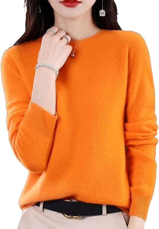 100% Cashmere Crew Neck Long Sleeve Soft Pullover Sweater Women's Cashmere Sweater X-Large Orange