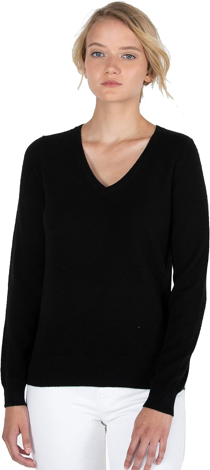 Women's 100% Pure Cashmere Long Sleeve Pullover V Neck Sweater Medium Black