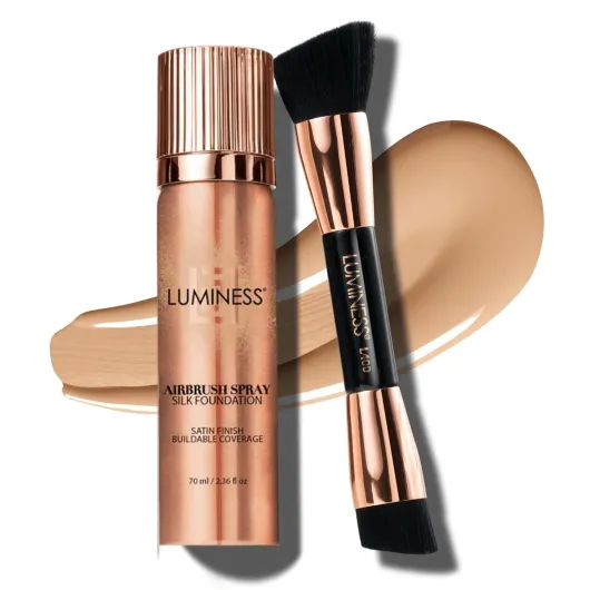 Silk Airbrush Spray Foundation & Buffing Brush Kit – Full Coverage Foundation & Dual-Sided Buffing Brush - Buildable Coverage, Anti-Aging Formula Hydrates & Moisturizes - Light Medium Airbrush Studio 030-Light Medium