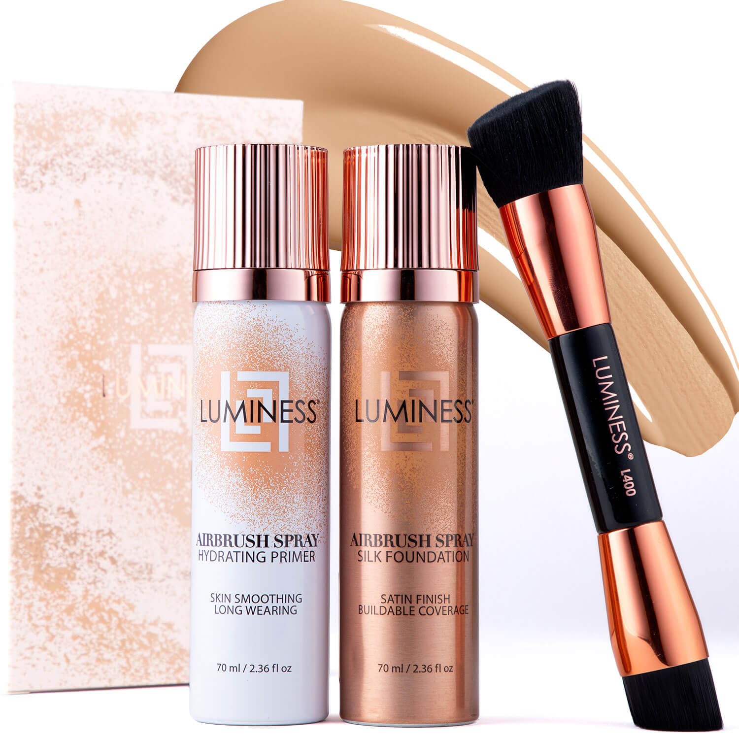 Airbrush Spray Silk Foundation Starter Kit - Light Medium - Foundation, Primer & Dual-Sided Angled Buffing Brush - Medium, Buildable Coverage, Anti-Aging Formula Hydrates & Moisturizes Airbrush Studio 030-Light Medium