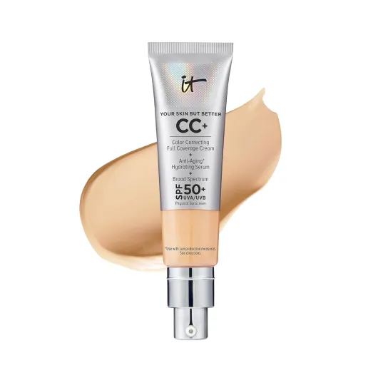 IT Cosmetics CC+ Cream - Natural Full Coverage Foundation With SPF 50+, Color Corrector & Anti-Aging Hydrating Serum, Hyaluronic Acid + Peptides, Lightweight Up To 24H Wear, All Skin Types- 1.08 fl oz 12W Medium (medium with neutral yellow undertones)
