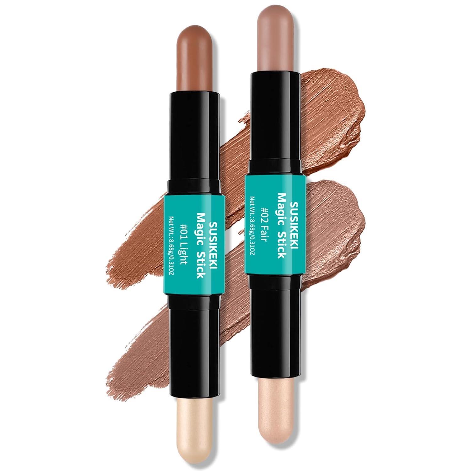 Contour Stick, 2Pcs Dual-Ended Highlighter Makeup Pen & Contouring Stick for Face Shaping, Long Lasting Waterproof Cream Bronzer & Highlight Sticks Make Up Kit for All Skin Tones (01# + 02#) SET A: 01# Light + 02# Fair 0.31 Ounce (Pack of 2)