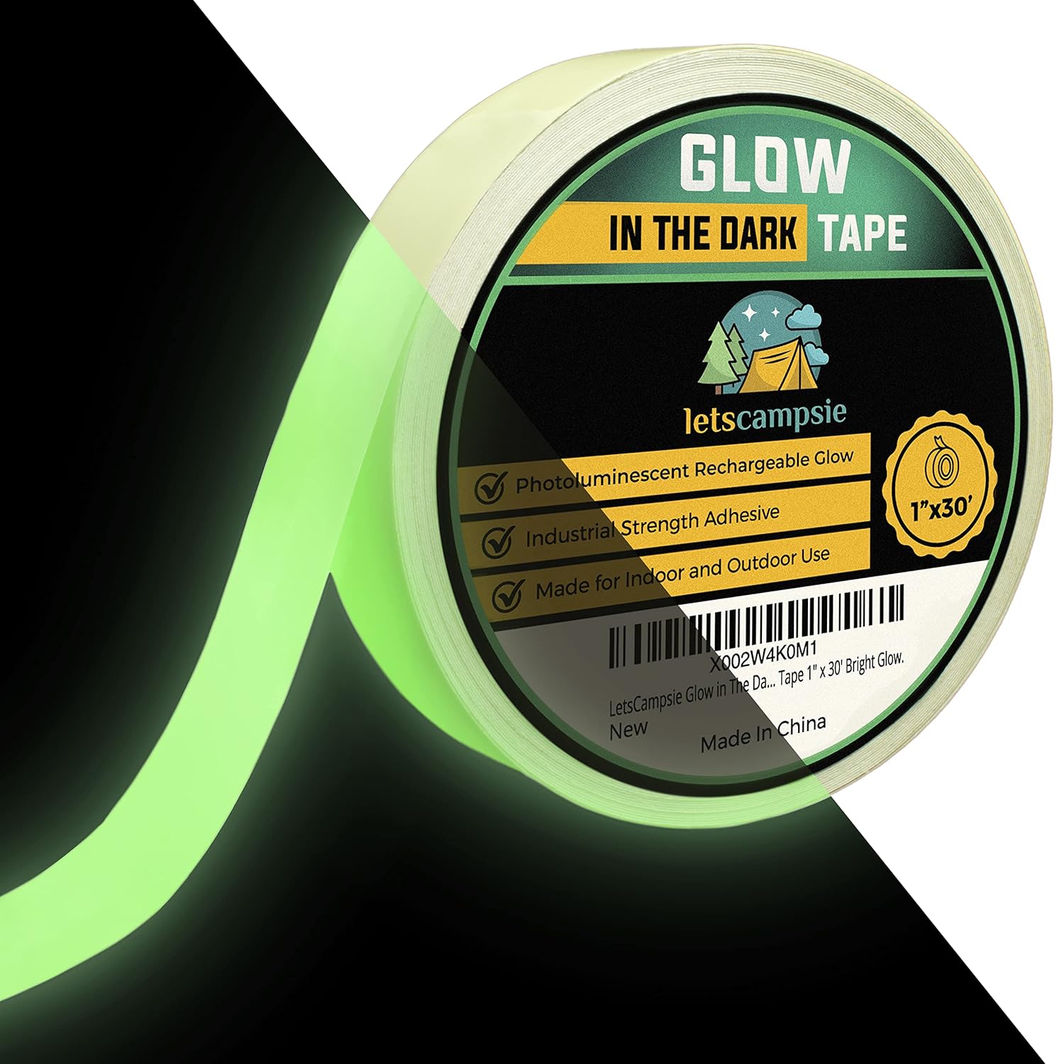 Glow in The Dark Tape – 30ft x 1inch – Premium Industrial Grade Interior and Exterior Luminous Glow Tape to Help See Objects at Night and Outdoors