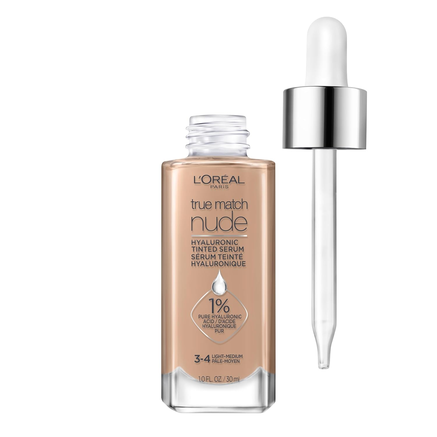 L'Oreal Paris True Match Nude Hyaluronic Tinted Serum Foundation with 1% Hyaluronic acid, Light-Medium 3-4, 1 fl - oz - 1 Fl Oz (Pack of 1) Light-Medium 3-4