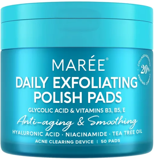 Glycolic Acid Pads - Toner Pads for Face Cleansing - Exfoliating Pad with Tea Tree Oil, Salicylic Acid & Vitamins E, B3, B5 - Acne Clearing, Skin Pore Resurfacing & Radiance Device - 50 Count Glycolic Pads