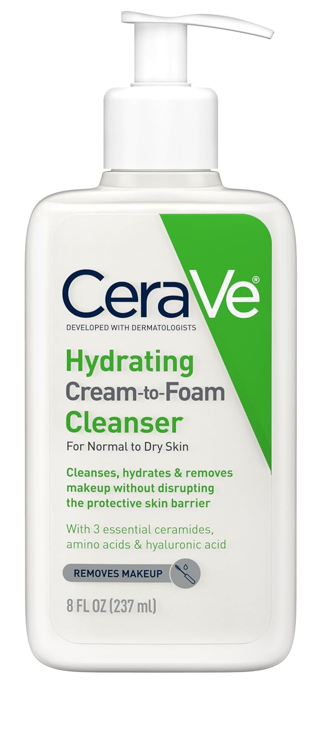 Hydrating Cream To Foam Cleanser, Makeup Remover Face Wash For Dry Skin, Foaming Facial Cleanser With Hyaluronic Acid, Normal To Dry Skin, Fragrance Free & Non Comedogenic, 8 Fluid Ounces 8 Fl Oz (Bottle)