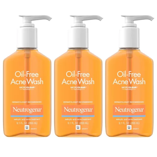 Oil-Free Acne Wash, Acne Fighting Facial Cleanser with Salicylic Acid Medicine, Acne Treatment for Face, Non-Comedogenic, Residue-Free, 9.1 fl oz Pump Bottles, 3 Pack
