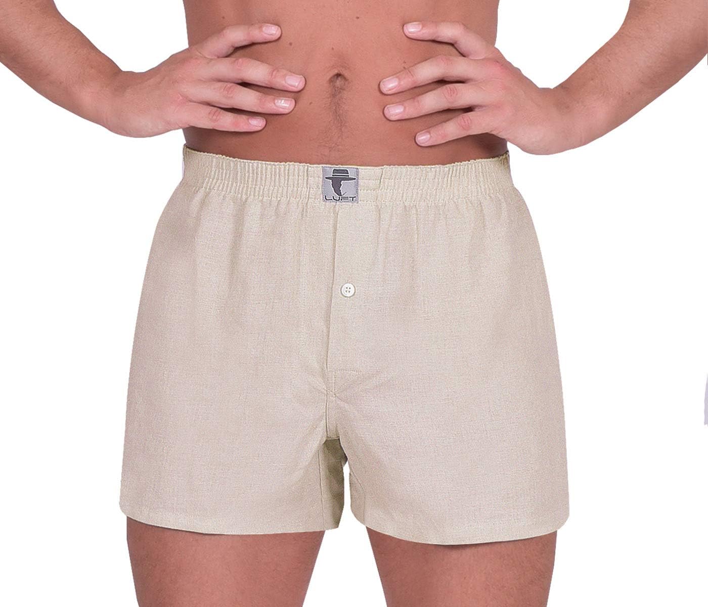 LUFT Mens Fine Linen Soft Stretch Elastic Waistband Underwear Boxer Shorts Large Light Brown Beige