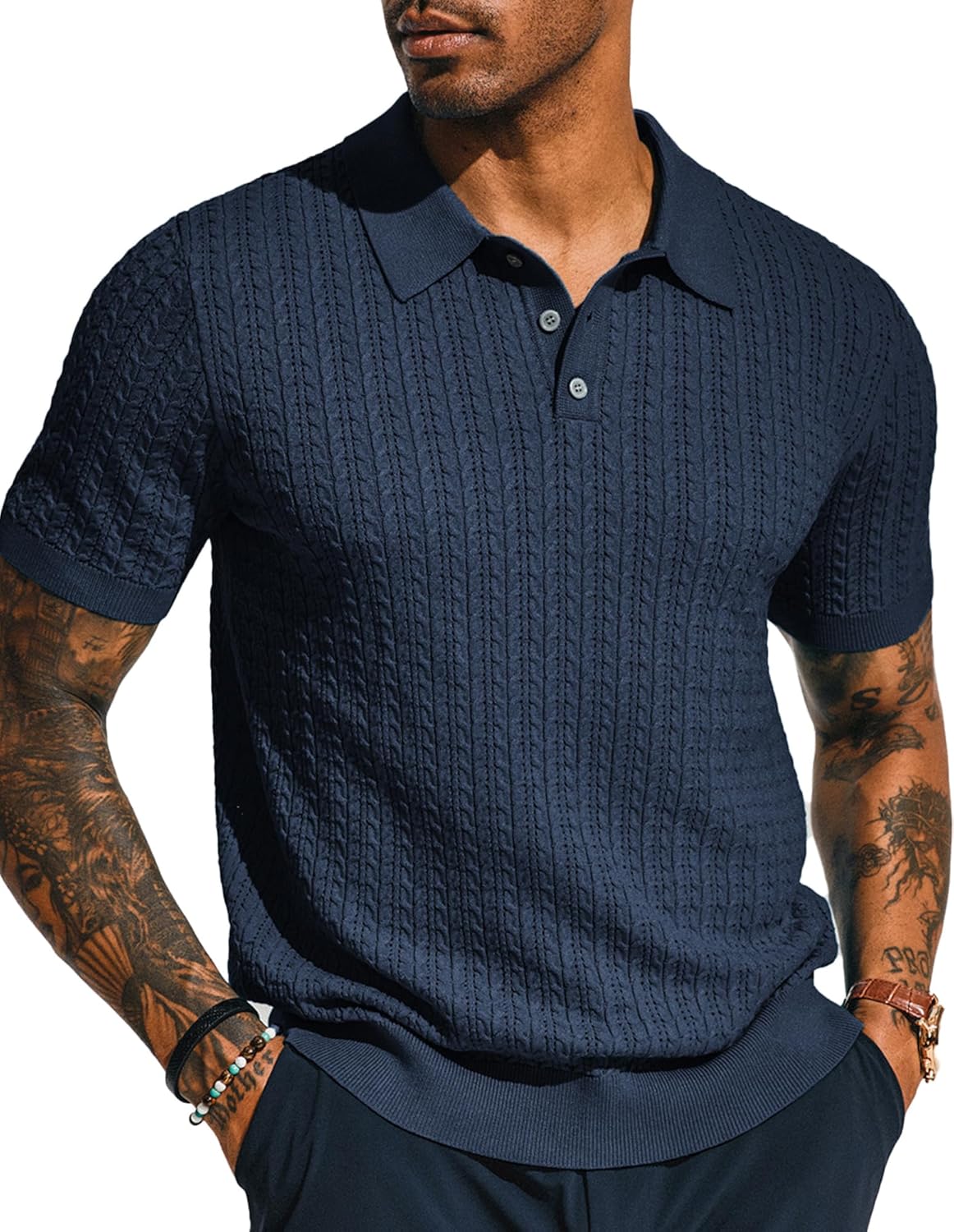 Mens Knit Polo Shirt Short Sleeve Hollow Out Knit Shirt Texture Knitted Polo X-Large Navy Blue