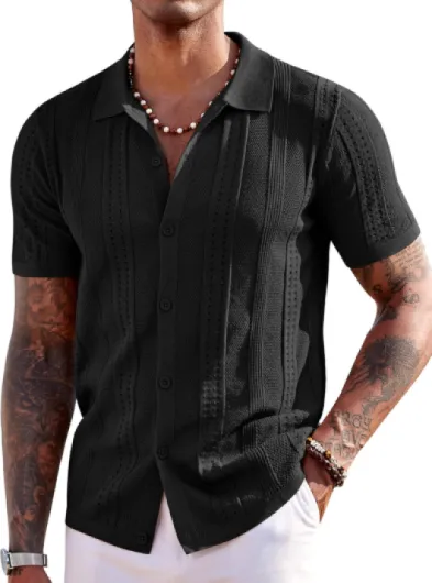 Men's Knit Shirts Short Sleeve Button Down Polo Shirt Fashion Casual Summer Beach Shirts Black Medium