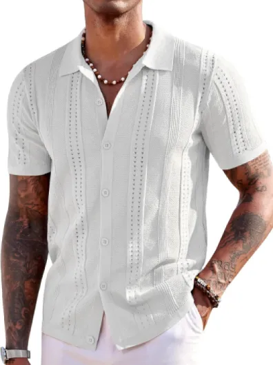 Men's Knit Shirts Short Sleeve Button Down Polo Shirt Fashion Casual Summer Beach Shirts White Large
