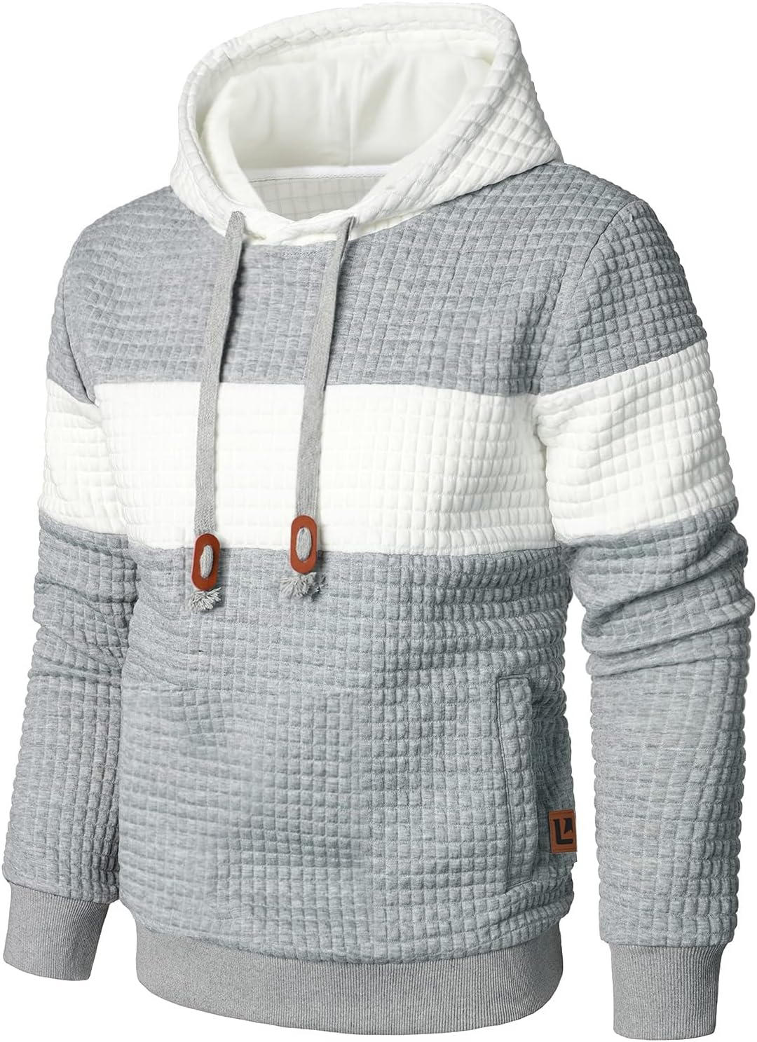 Men’s Sweatshirts Long Sleeve Pullover Patchwork Plaid Jacquard Hoodie Casual Drawstring Hoody Top XX-Large Lightgrey White