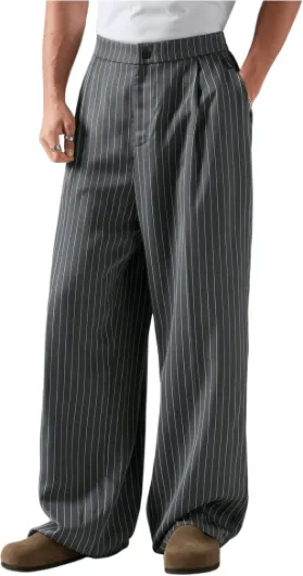 Men's Baggy Casual Pleated Striped Dress Pants 2025 Wide Leg Trousers with Pockets Large Dark Grey