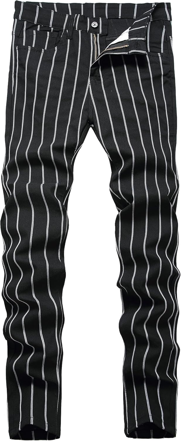 Plaid Pants for Men, Mens Skinny Stretch Slim fit Chinos Golf Business Dress Casual Pants 32 Black Stripe
