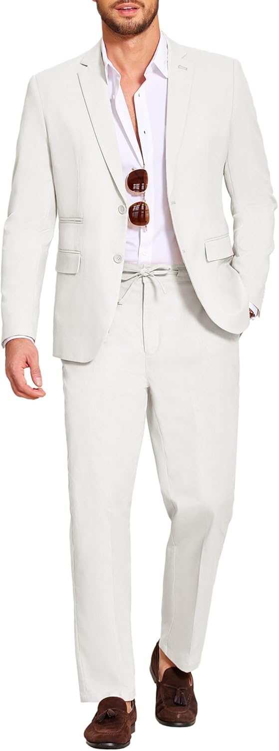 Men's 2 Piece Linen Suits Set Regular Fit Casual Lightweight Blazer Jacket and Pants White X-Large
