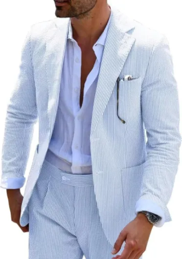 Mens Blue Seersucker Summer Suits Grooms Sear Sucker Suit for Wedding Mens Formal Suits Slim Fit Light Blue Large