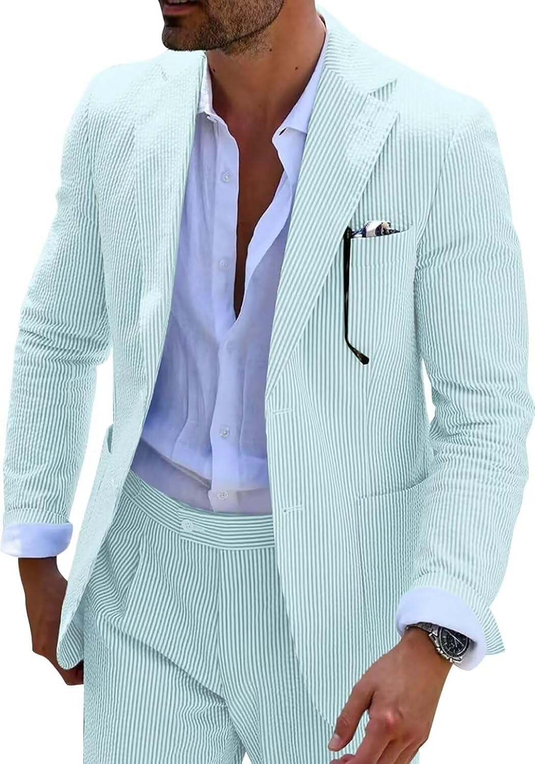 Seersucker Slim Suits for Men Formal Casul Summer Beach Wedding Grooms 2 Piece Blazer Pants Party Striped Suit Sets Aqua XX-Large