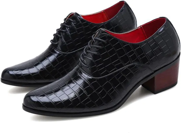 Men's Stone Pattern Chunky Heel Leather Dress Oxford Shoes Fashion Classic Pointed Toe Lace Up Low Top Business Formal Derby Shoes 10 Black