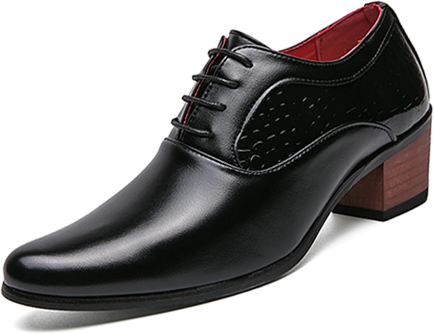 Men's Leather Derby Oxfords Shoes Classic Lace-up Low Top Pointed Toe Embossed Block High Heel Business Wedding Dress Shoes 11 Black Matte Leather