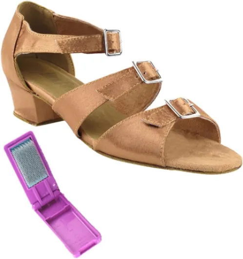 Dance Shoes - Ladies Practice, Cuban Low Heel Ballroom Dance Shoes - 1679-1.5-inch Heel and Foldable Brush Bundle - Brown Satin - 8.5