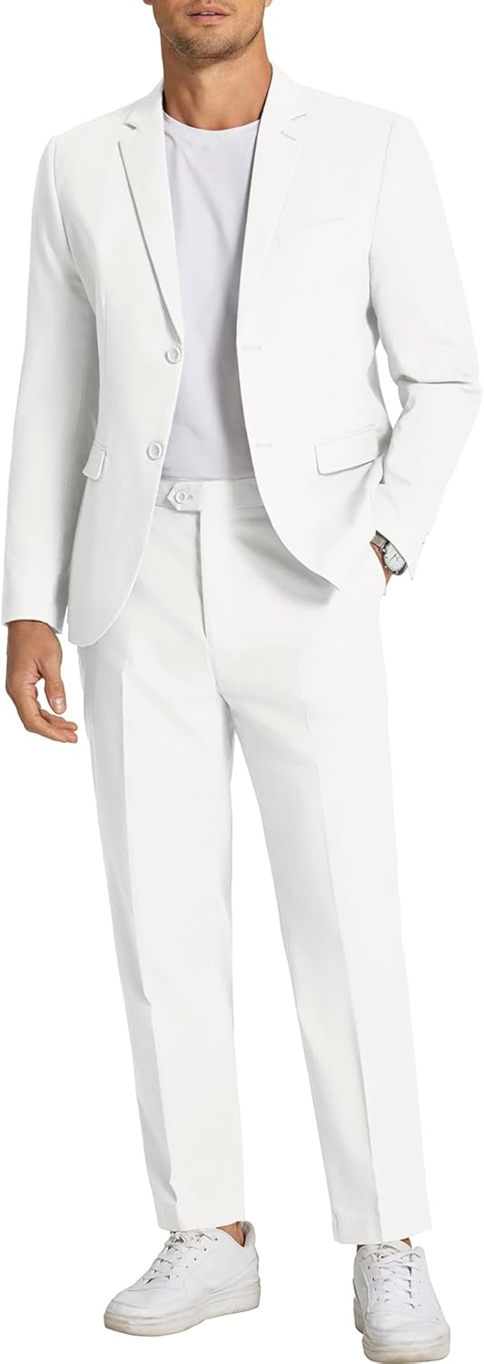 Men's 2 Piece Linen Suits Set Regular Fit Casual Linen Lightweight Suit Summer Beach Wedding Large White