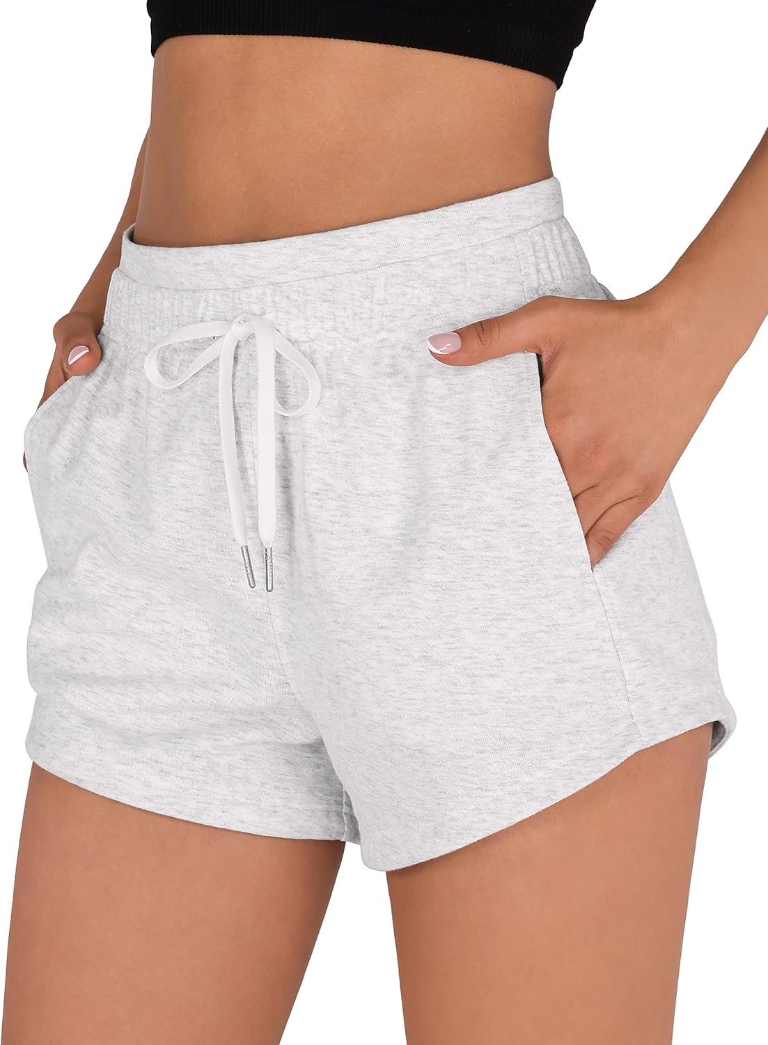Women's Sweat Shorts with Pockets Cotton French Terry Drawstring Summer Workout Casual Lounge Shorts Medium White Heather