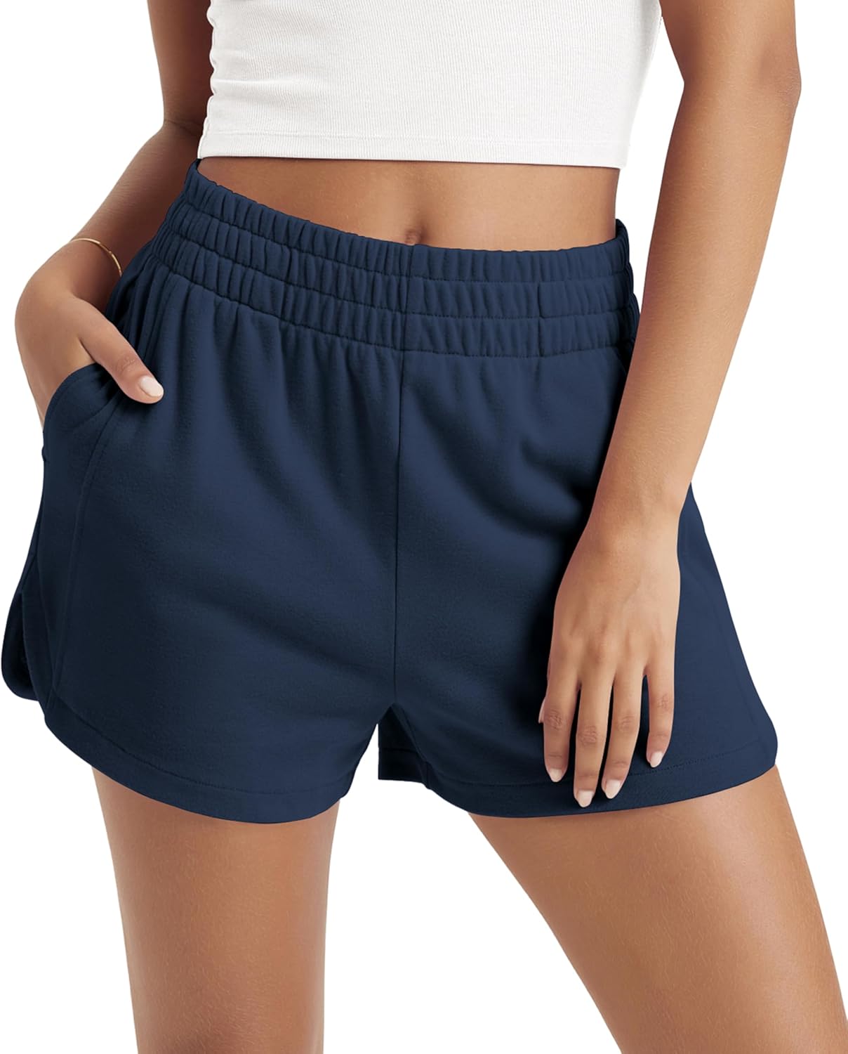 Women's Sweat Shorts Cotton French Terry Curved Hem Workout Casual Relaxed Lounge Shorts with Pockets Regular Fit Medium Navy