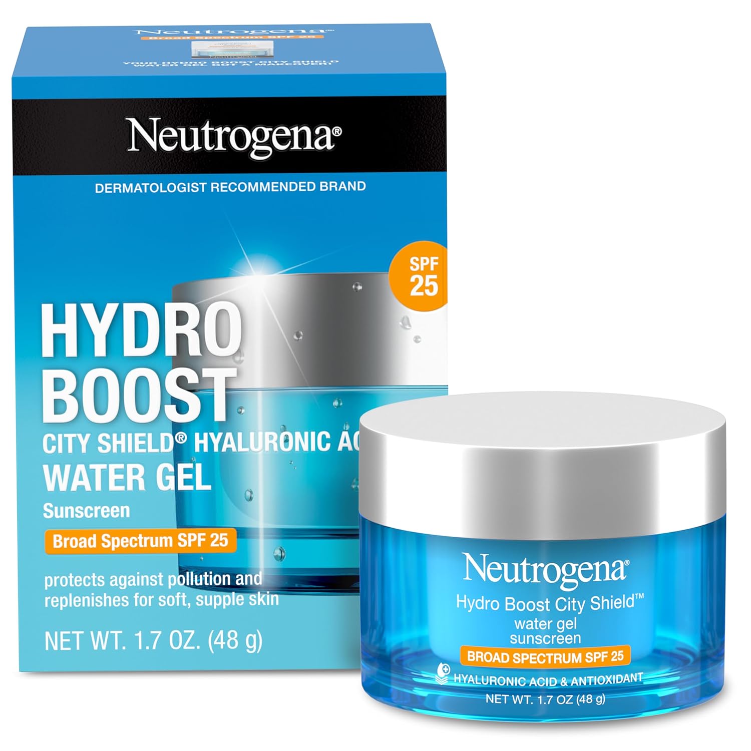 Hydro Boost City Shield Water Gel Face Moisturizer with Broad Spectrum SPF 25, Hydrating Facial Sunscreen with Hyaluronic Acid, Oil-Free and Non-Comedogenic Face Lotion, 1.7 oz