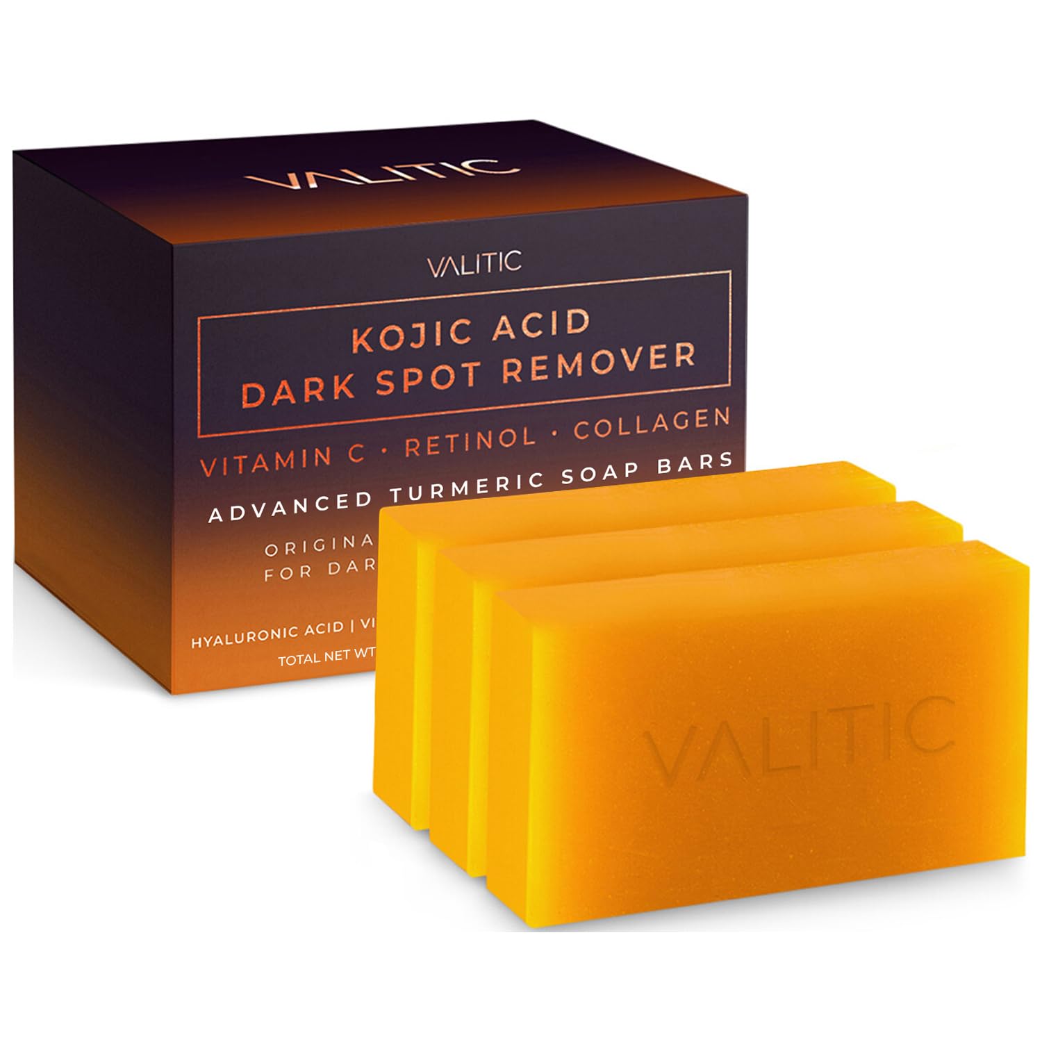 Kojic Acid Dark Spot Remover Soap Bars with Vitamin C, Retinol, Collagen, Turmeric - Original Japanese Complex Infused with Hyaluronic Acid, Vitamin E, Shea Butter, Castile Olive Oil (3 Pack)