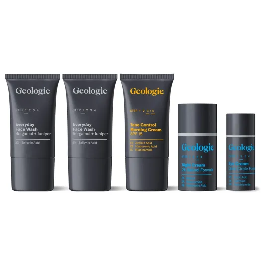 Complete Skincare Set for Men & Women - 1-Month Simple & Effective Daily Clear Skin Routine - Acne, Oily Skin, Dark Spots - Face Wash 2-Pack, Retinol Face Cream, SPF15 Moisturizer & Eye Cream Bergamot + Juniper - Standard Strength - 1 Month