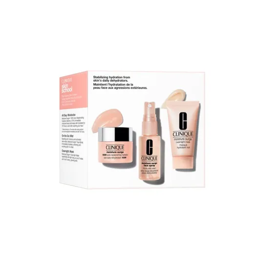 Clinique Skin School Supplies Set: Glowing Skin Essentials - Moisture Surge 1H Auto-Replenishing Hydrator, 0.5 Fl Oz - Face Spray Thirsty Skin Relief, 1 Fl Oz - Overnight Mask, 1 Fl Oz