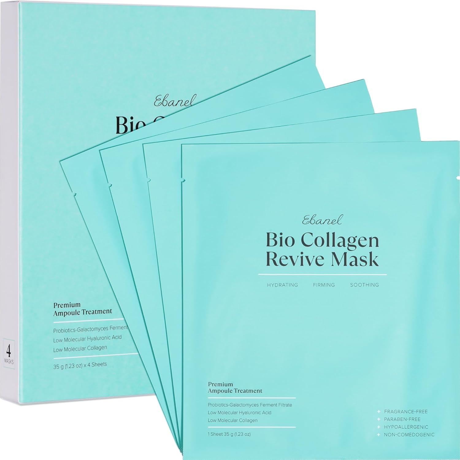 Bio Collagen Face Mask, 4-Pack Hydrating Face Masks with 7 Peptides, Hyaluronic Acid, Niacinamide, Centella, Rose Water, Ceramide, and B5, Glass Skin Tightening and Lifting Korean Sheet Masks Bio Collagen Mask 4pk
