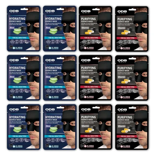 ODB for MEN Charcoal Essence Sheet Mask 12 PK Hydrating Aloe & Purifying Vitamin Mens Skin Care Sheet Masks for Face Mens Skin Care Kit bulk face masks skincare (Assort #2 (12pk) - for Beard Men)