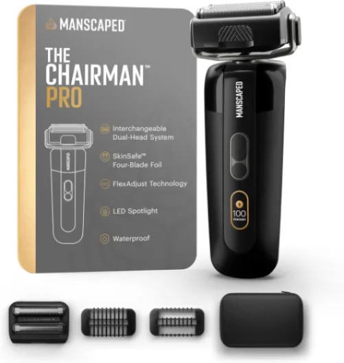 ® The Chairman™ PRO Men’s Electric Foil Face Shaver - Two Interchangeable Blade Heads, SkinSafe® Four-Blade Foil & Stubble Trimmer, USB-C Wireless Compatible Charging, Gentle on Neck