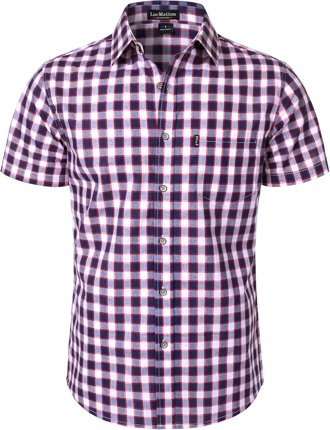 Men's Gingham Short Sleeve Button Down Shirt Cotton Regular Fit Plaid Dress Shirts with Pocket Navy White Gingham Large